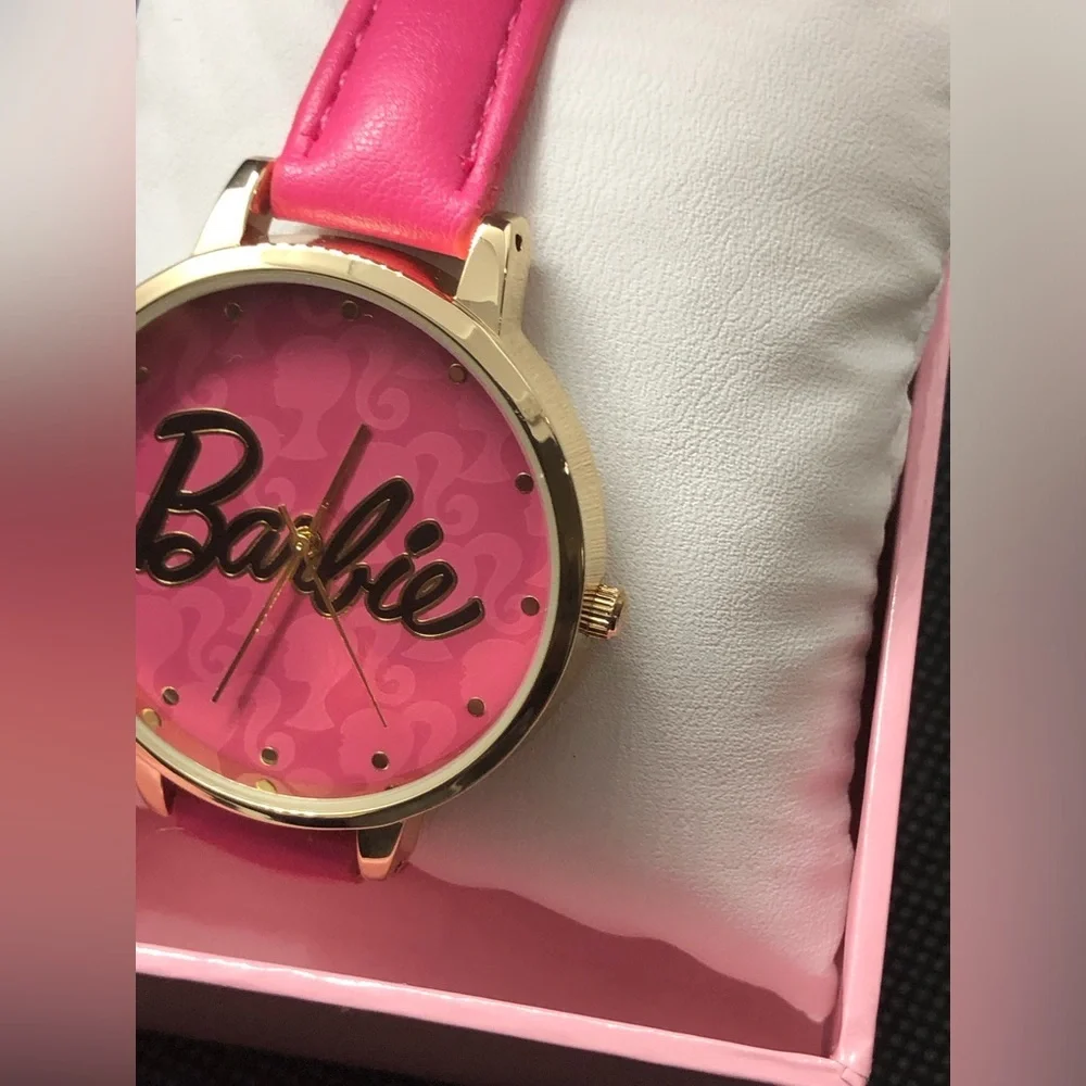 Barbie pink strap gold plated trim pink Barbie‎ logo face wrist watch new
